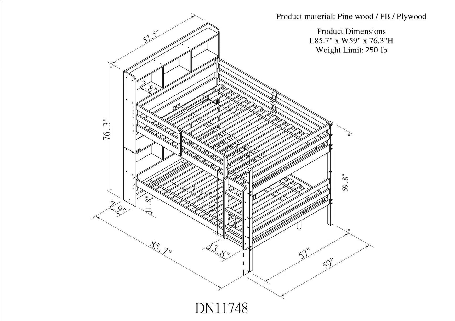 Full Over Full Bunk Beds with Bookcase Headboard, Solid Wood Bed Frame with Safety Rail and Ladder, Kids/Teens Bedroom, Guest Room Furniture, Can Be converted into 2 Beds, White