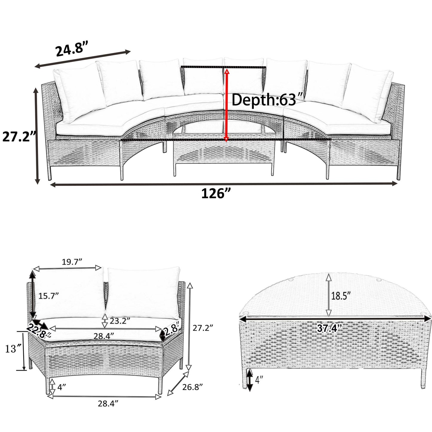 TOPMAX 5 Pieces All-Weather Brown PE Rattan Wicker Sofa Set Outdoor Patio Sectional Furniture Set Half-Moon Sofa Set with Tempered Glass Table, Gray