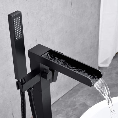 Bathroom Freestanding Waterfall Tub filler Matte Black Floor Mount Faucet with Hand Shower