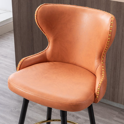 A&A Furniture,Counter Height 25" Modern Leathaire Fabric bar chairs,180° Swivel Bar Stool Chair for Kitchen,Tufted Gold Nailhead Trim Bar Stools with Metal Legs,Set of 2 (Orange)