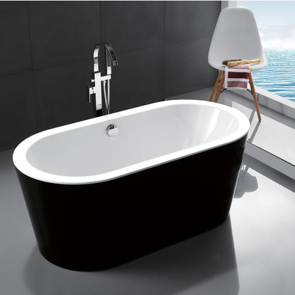 59" 100% Black Acrylic Freestanding Bathtub Contemporary Soaking Tub with Brushed Nickel Overflow and Drain