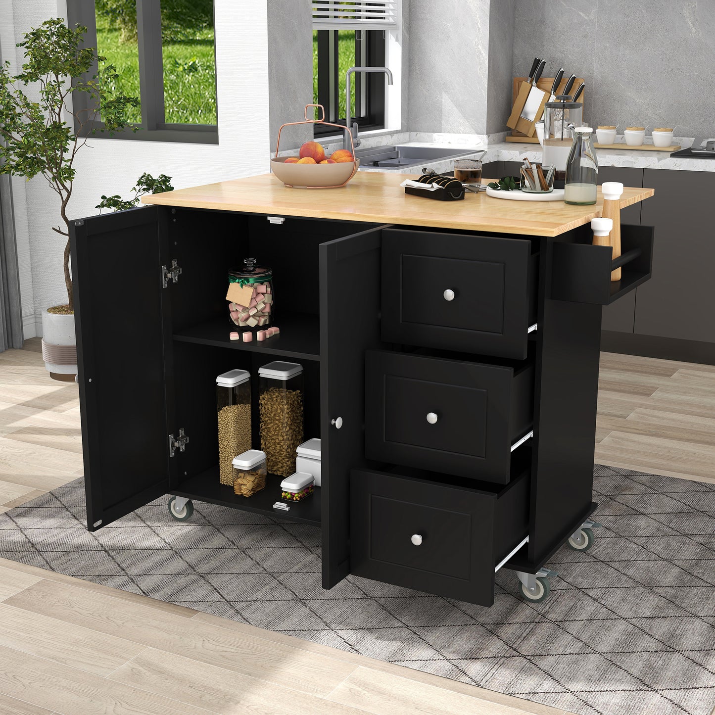 Rolling Mobile Kitchen Island with Solid Wood Top and Locking Wheels，52.7 Inch Width，Storage Cabinet and Drop Leaf Breakfast Bar，Spice Rack, Towel Rack & Drawer （Black）