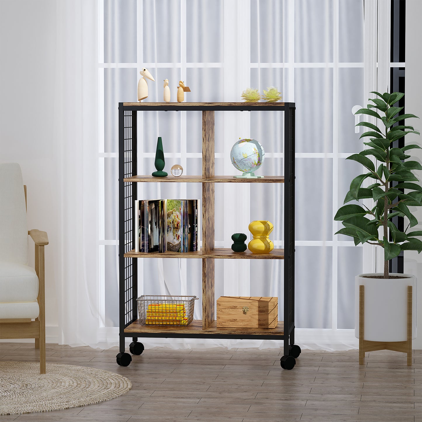 Nordic Living Room Bedroom Wood Metal Movable Bookshelf Storage Rack Srorage Shelf With Wheels