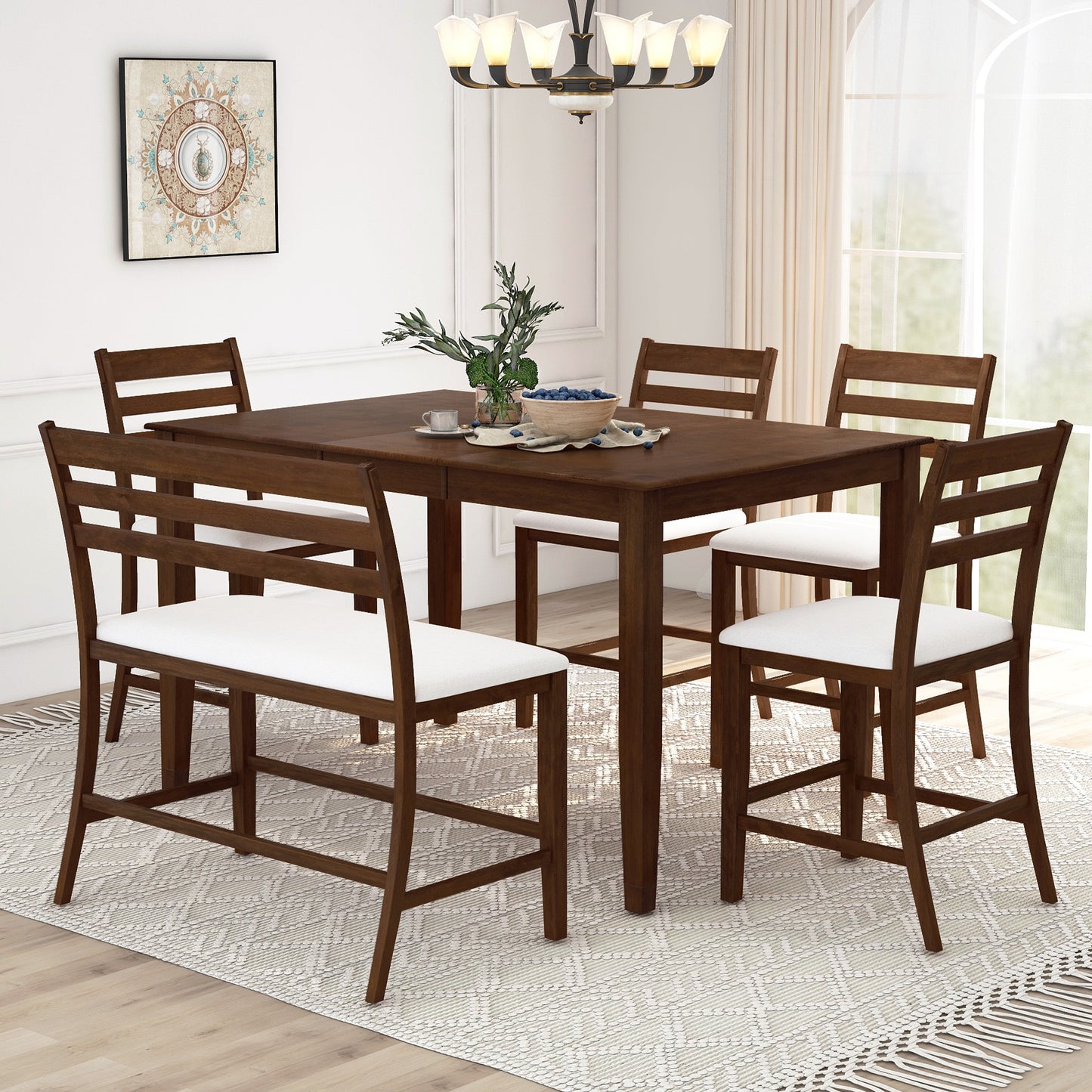 TOPMAX Farmhouse Extendable Counter Height 6-Piece Dining Table Set with Removable Leaf, 4 Dining Chairs and Dining Bench with Back, Brown Walnut+Beige