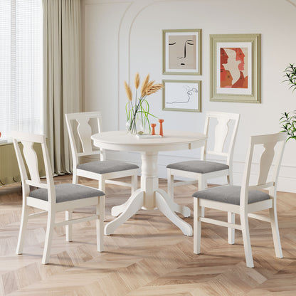 TOPMAX Mid-Century Wood 5-Piece Dining Table Set, Round Kitchen Set with 4 Upholstered Dining Chairs for Small Places, Cream White