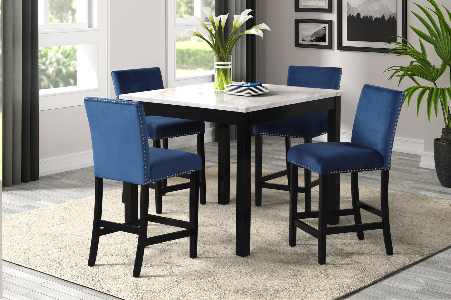 5-piece Counter Height Dining Table Set with One Faux Marble Dining Table and Four Upholstered-Seat Chairs，for Kitchen and Living room,Table : 42"L x42"Wx36"H,Chair:18.5"Wx23.2"Dx39.8"H,  Blue