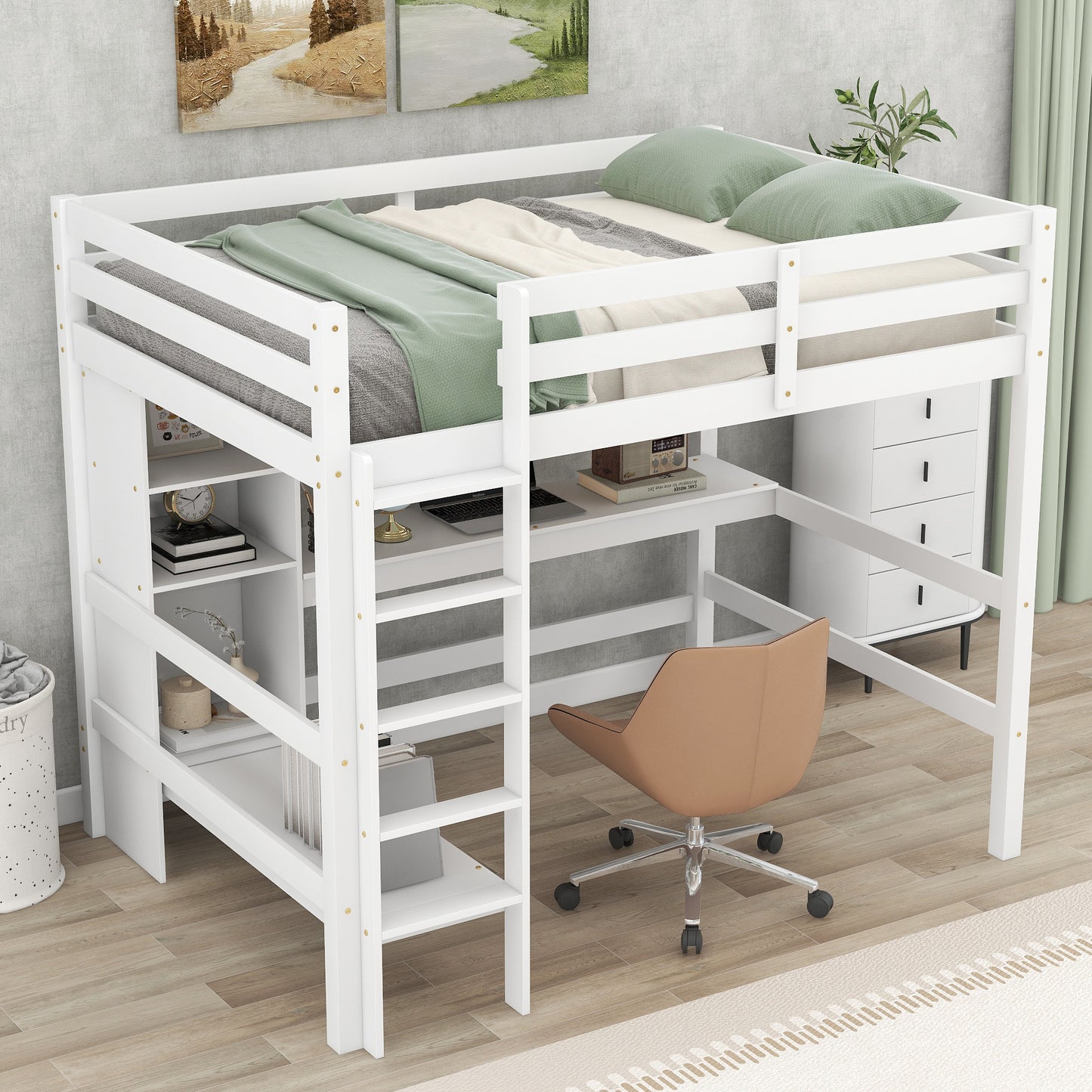 Full Size Loft Bed with Multifunction Shelves and Under-bed Desk, White