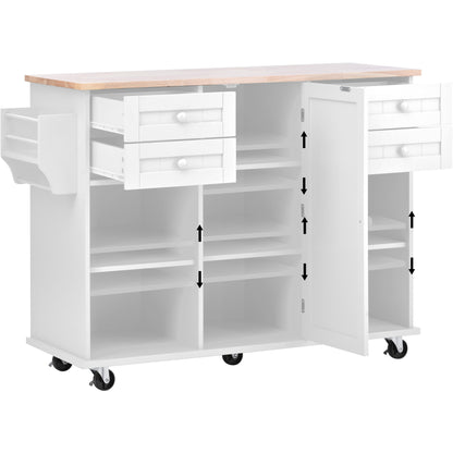 K&K kitchen island cart with Spice Rack, Towel Rack & Drawer,Rubber wood desktop,5 wheels including 4 lockable wheels,52.8inch width (White)