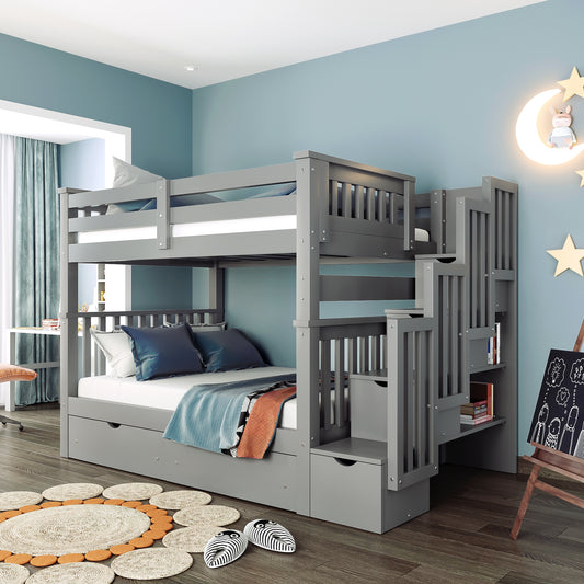 Full Over Full Bunk Bed with Shelves and 6 Storage Drawers, Gray(Old SKU：LP000046AAE)