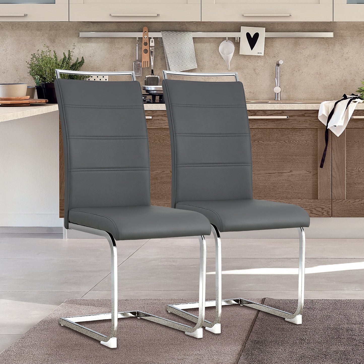 Modern Dining Chairs, PU Faux Leather High Back Upholstered Side Chair transverse stripe backrest design for Dining Room Kitchen Vanity Patio Club Guest Office Chair (Set of 2) ( Gray+PU)