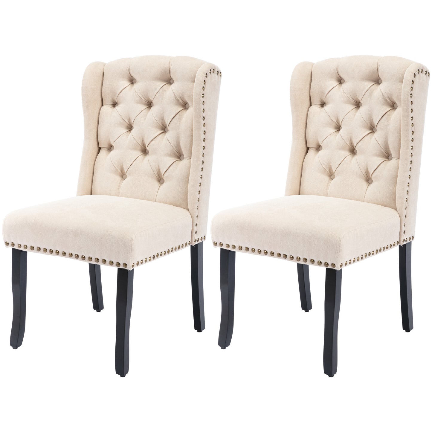 TREXM Cotton Fabric Dining Chairs Set of 2, Upholstered Dining Room Chairs with Solid Wood Legs, Wingback and Button Tufting (Beige)