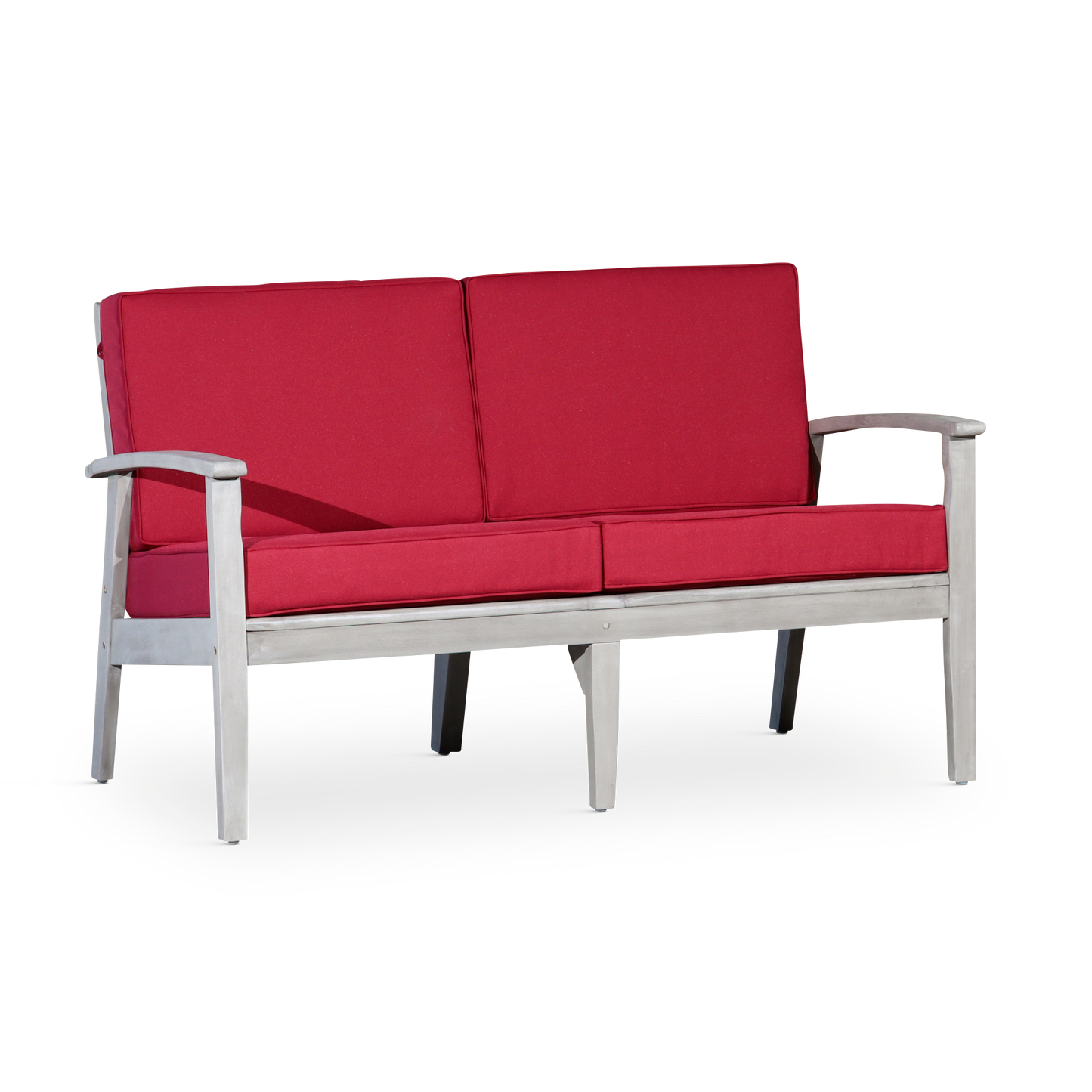 Eucalyptus Loveseat with Cushions, Silver Gray Finish, Burgundy Cushions