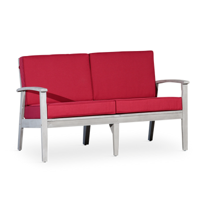 Eucalyptus Loveseat with Cushions, Silver Gray Finish, Burgundy Cushions