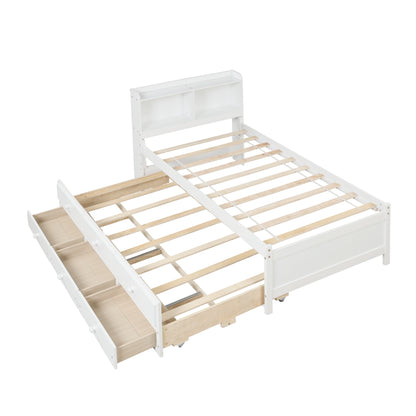 Twin Bed with Bookcase,Twin Trundle,Drawers,White