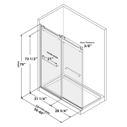 Frameless Double Sliding Shower, 57" - 60" Width, 79" Height, 3/8" (10 mm) Clear Tempered Glass, , Designed for Smooth Door Closing With Upgraded Crashproof System Technology Matte Black Finish