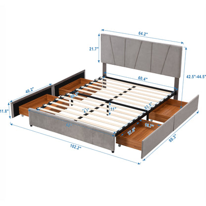 Queen Size Upholstery Platform Bed with Four Drawers on Two Sides,Adjustable Headboard,Grey