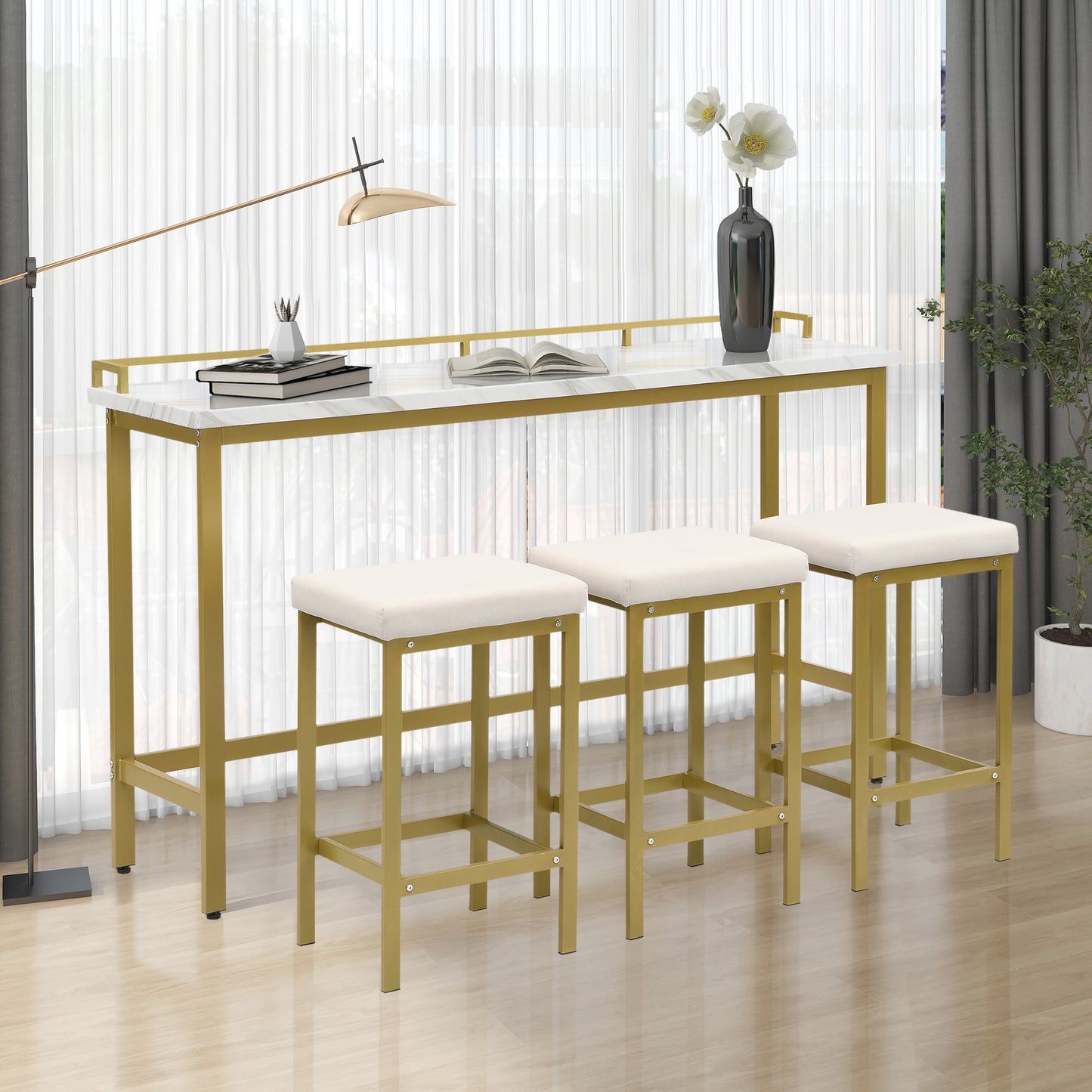 TOPMAX Modern 4-Piece Counter Height Extra Long Console Dining Table Set Bar Kitchen Set with 3 Fabric Stools, Gold+Beige