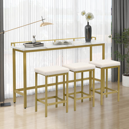 TOPMAX Modern 4-Piece Counter Height Extra Long Console Dining Table Set Bar Kitchen Set with 3 Fabric Stools, Gold+Beige