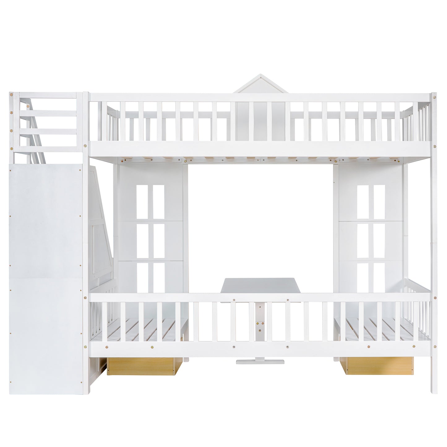 Twin-Over-Twin Bunk Bed with Changeable Table , Bunk Bed  Turn into Upper Bed and Down Desk with 2 Drawers - White