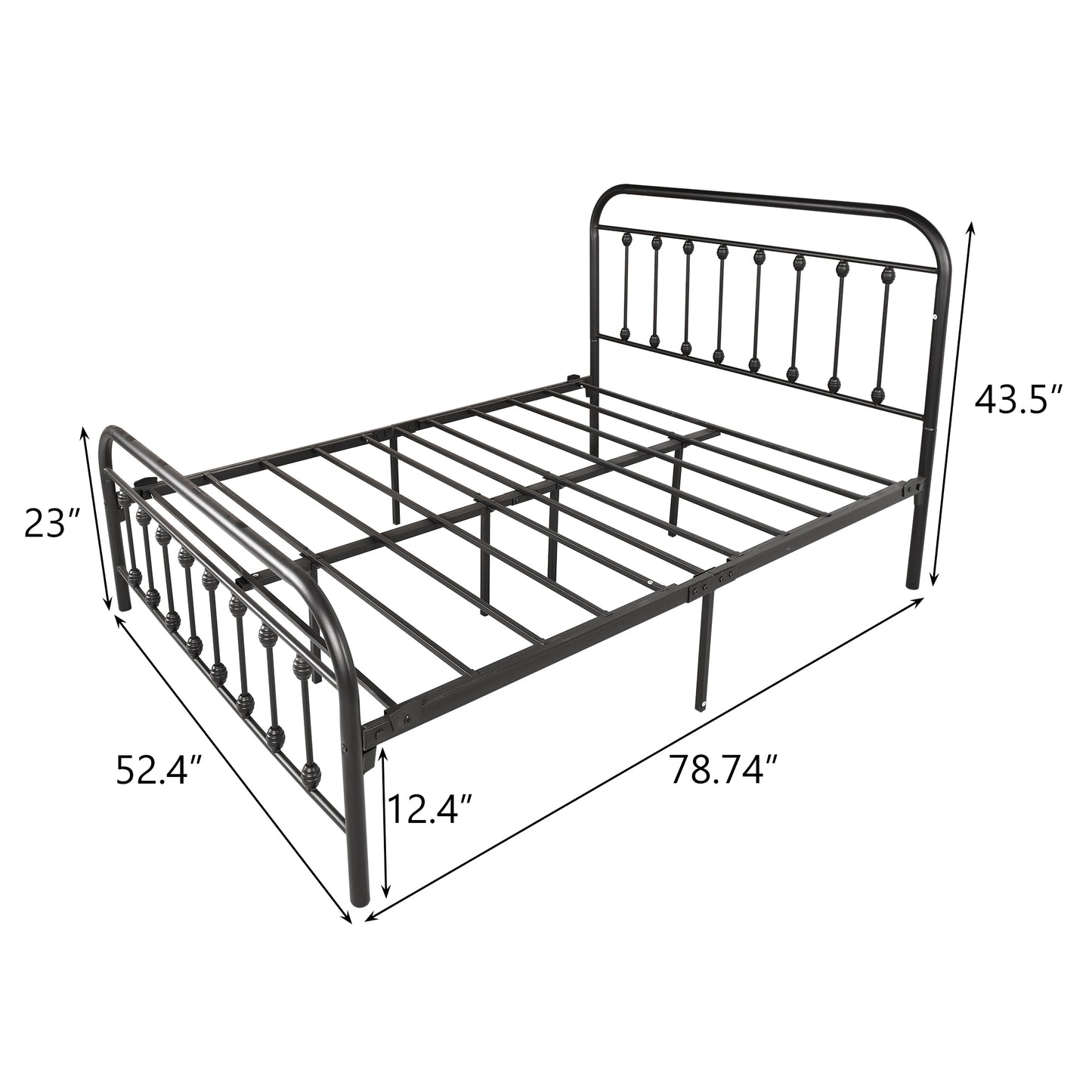 Victorian Vintage Style Platform Metal Bed Frame Foundation Headboard Footboard Heavy Duty Steel Slats, Full Black