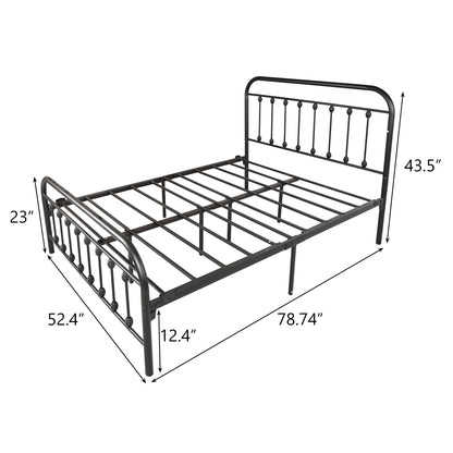 Victorian Vintage Style Platform Metal Bed Frame Foundation Headboard Footboard Heavy Duty Steel Slats, Full Black