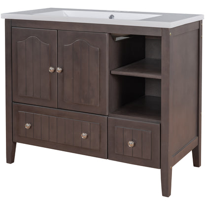 [VIDEO] 36" Bathroom Vanity with Ceramic Basin, Bathroom Storage Cabinet with Two Doors and Drawers, Solid Frame, Metal Handles, Brown