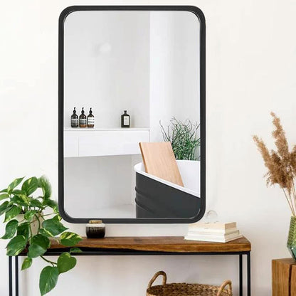 Wall Mount Mirror for Bathroom, Brush Black Metal Framed Rounded Corner Rectangular Vanity Mirror (24" x 36", Black)