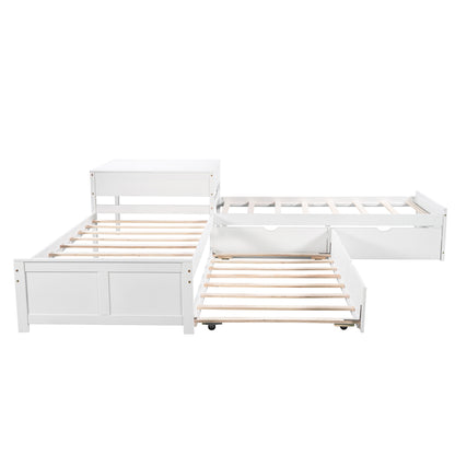 L-shaped Platform Bed with Trundle and Drawers Linked with built-in Desk,Twin,White