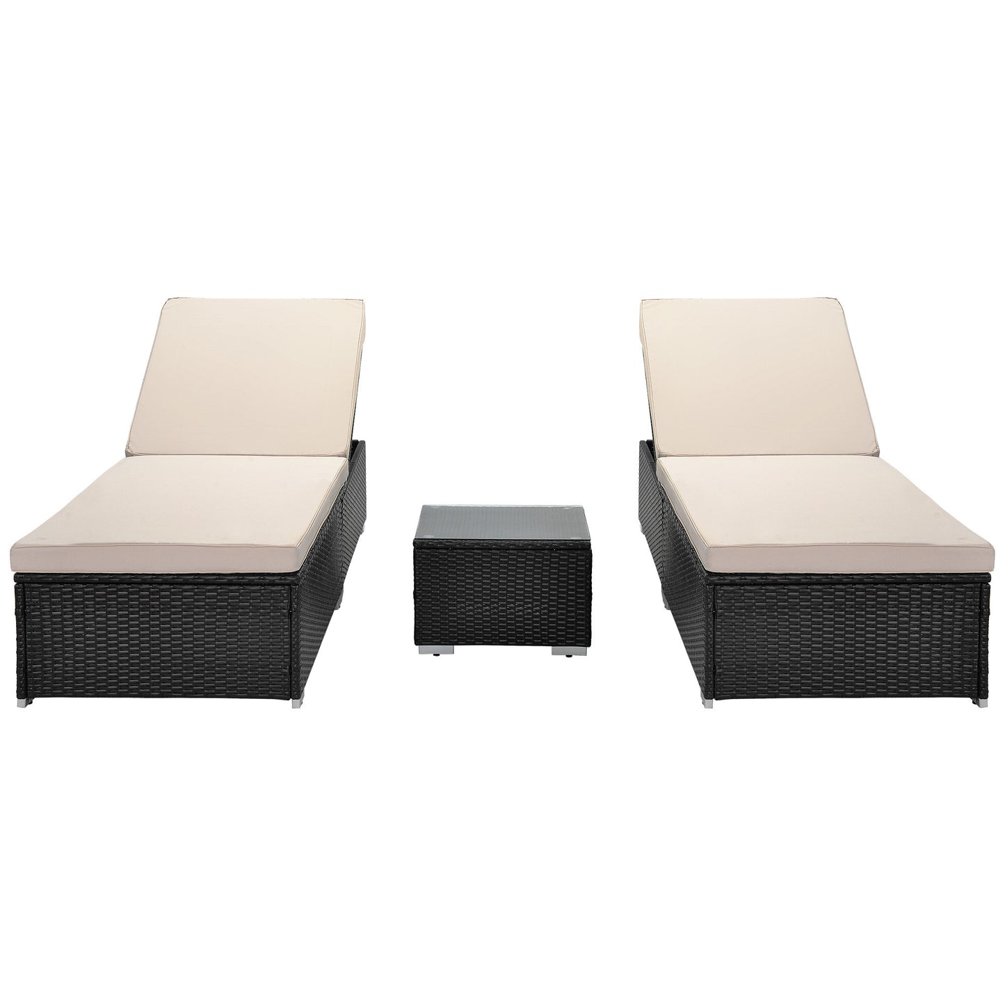 Outdoor Garden 3 Piece Wicker Patio Chaise Lounge Set, adjustable chair; chase longue; lazy boy recliner; outdoor lounge chairs set of 2;beach chairs; recliner chair with coffee table