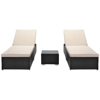 Outdoor Garden 3 Piece Wicker Patio Chaise Lounge Set, adjustable chair; chase longue; lazy boy recliner; outdoor lounge chairs set of 2;beach chairs; recliner chair with coffee table