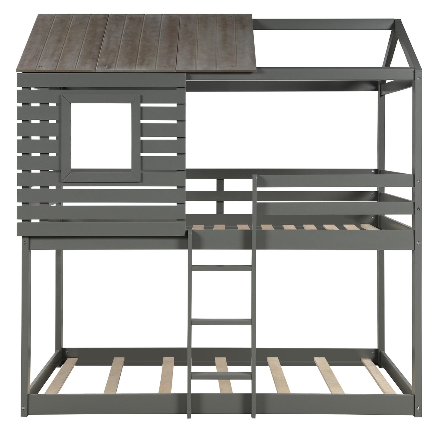 Twin Over Twin Bunk Bed Wood Loft Bed with Roof, Window, Guardrail, Ladder (Gray)(OLD SKU: LP000088AAN)