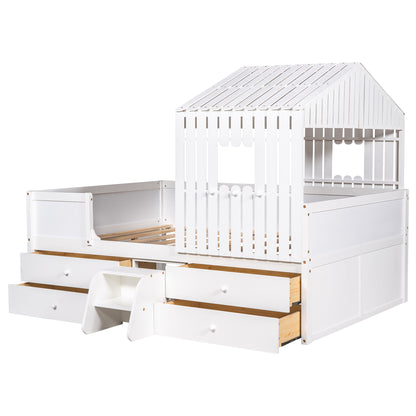 Full Size House Low Loft Bed with Four Drawers,White