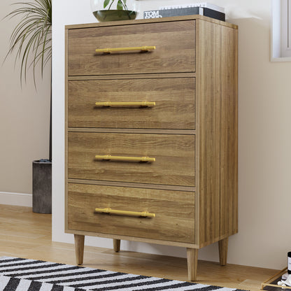 Mid-Century Modern Chest with Golden Handles, Four-Drawer, Natural Walnut