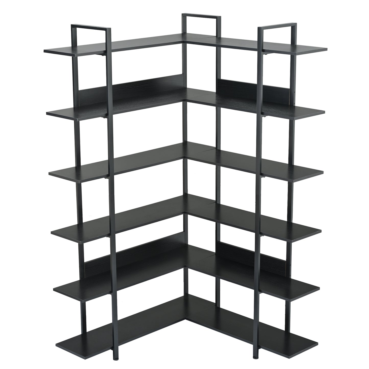 74.8 Inch Bookshelf L-shape MDF Boards Stainless Steel Frame Corner 6-tier Shelves Adjustable Foot Pads, Black