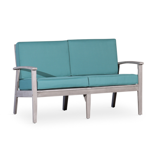 Eucalyptus Loveseat with Cushions, Silver Gray Finish, Sage Cushions