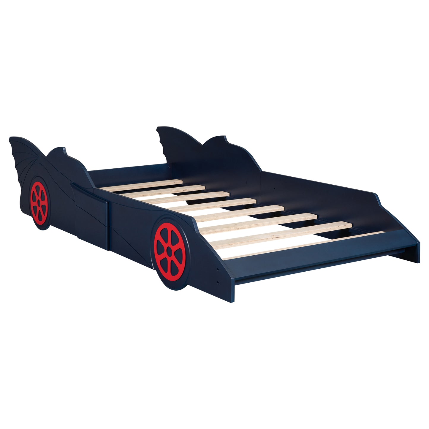 Twin Size Race Car-Shaped Platform Bed with Wheels,Blue+Red