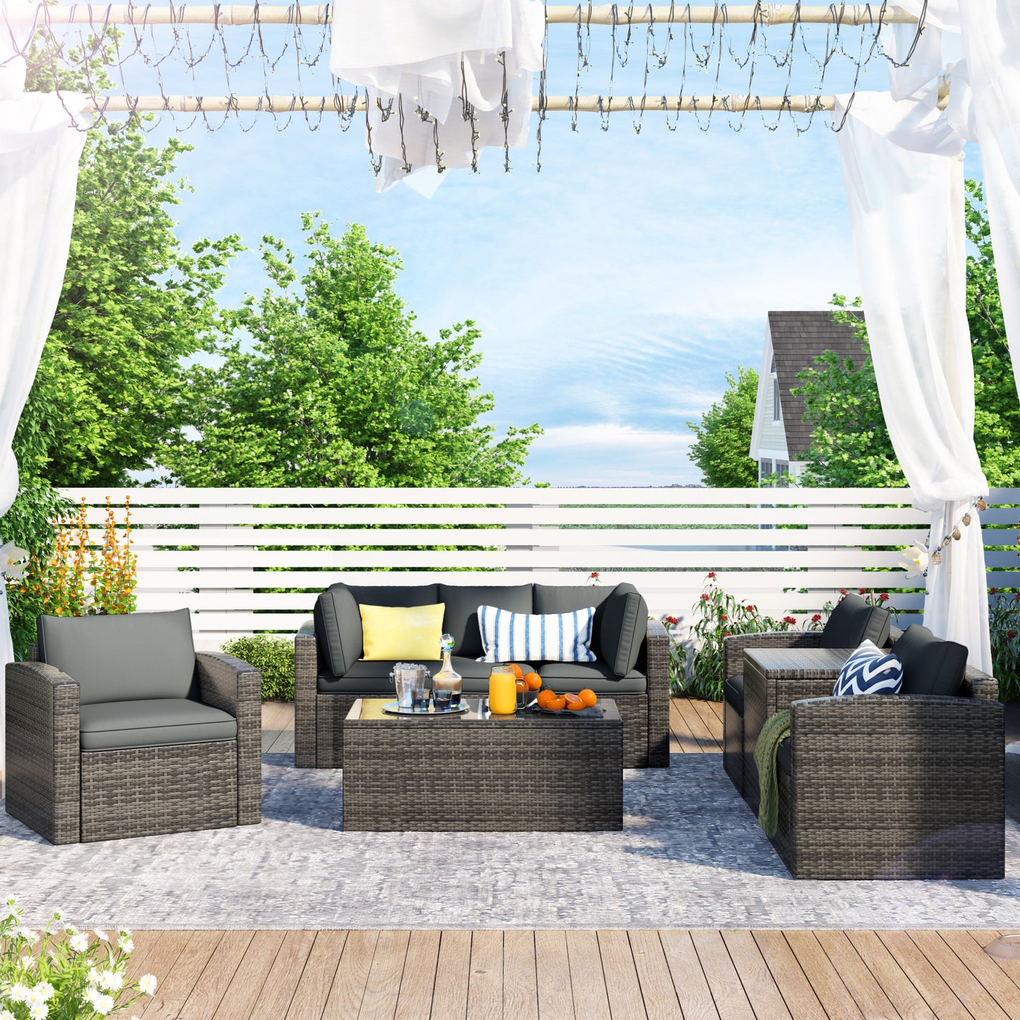 U_STYLE Patio Furniture Sets, 7-Piece Patio Wicker Sofa , Cushions, Chairs , a Loveseat , a Table and a Storage Box