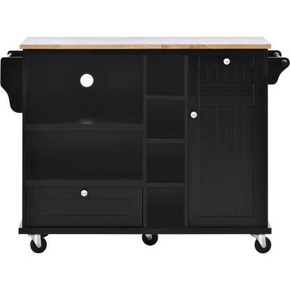 K&K Kitchen Island Cart with Storage Cabinet and Two Locking Wheels,Solid wood desktop,Microwave cabinet,Floor Standing Buffet Server Sideboard for Kitchen Room,Dining Room,, Bathroom（Black）