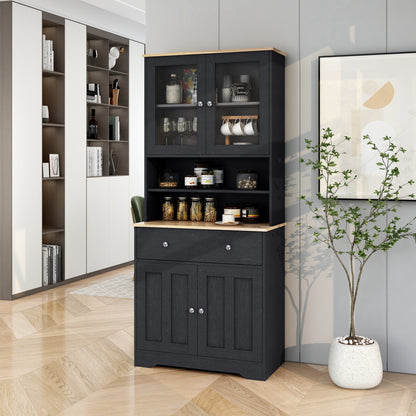 TREXM 70.9" Multifunctional Pantry Cabinet MDF Storage Cabinet with Glass Doors, A Large Drawer and Adjustable Shelves (Black)