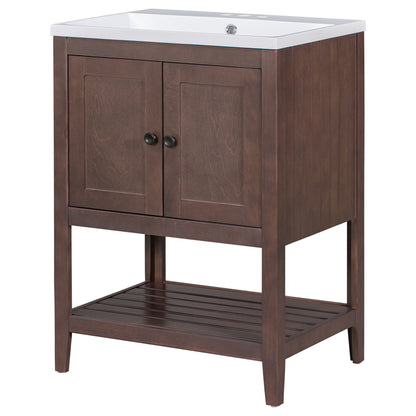 [VIDEO] 24" Brown Modern Sleek Bathroom Vanity Elegant Ceramic Sink with Solid Wood Frame Open Style Shelf