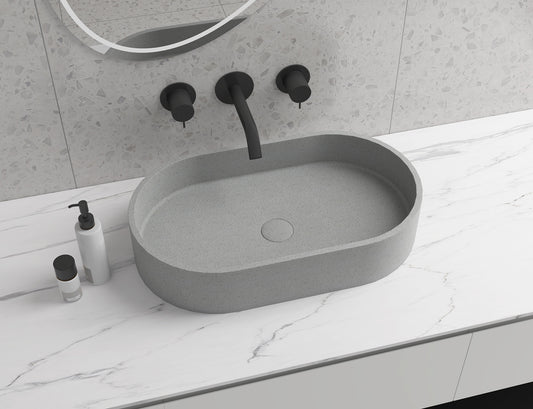 Double Oval Concrete Vessel Bathroom Sink in Grey without Faucet and Drain