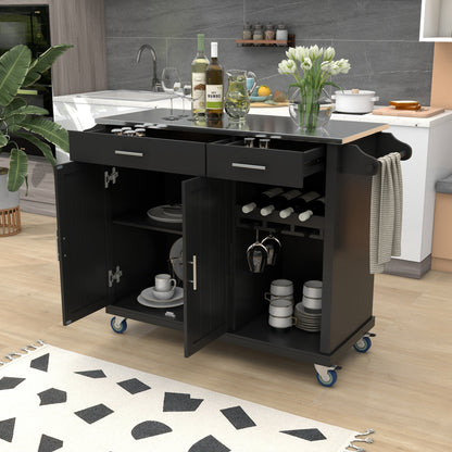 K&K Kitchen Cart with Stainless Steel Top and Storage Cabinet, Kitchen Island on Wheels with Two Drawers & Goblet Holder & Wine Rack & Spice Rack & Towel Holder, L51xW18xH37 Inches