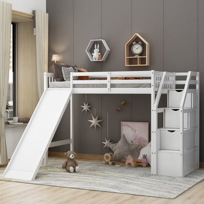 Twin Size Loft Bed with Storage and Slide, White