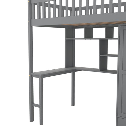 Twin size Loft Bed with Bookshelf,Drawers,Desk,and Wardrobe-Gray