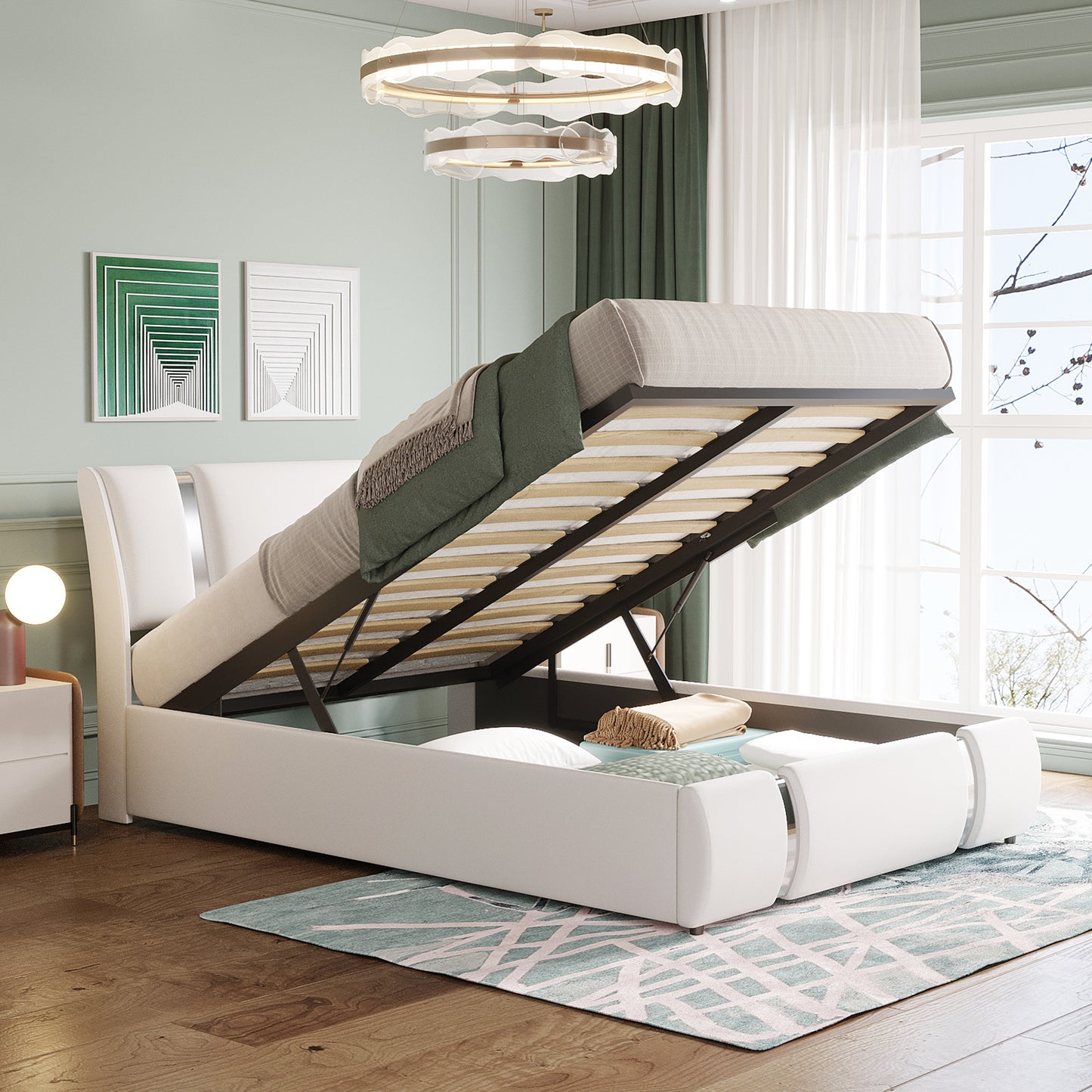 Full Size Upholstered Faux Leather Platform bed with a Hydraulic Storage System, White