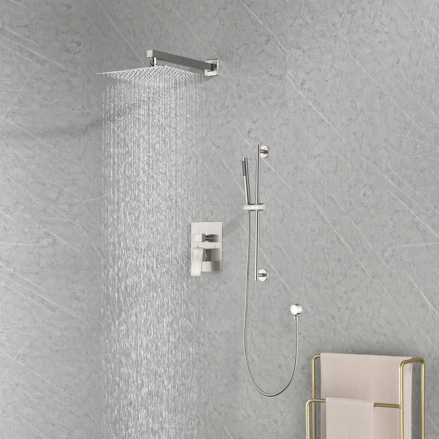 Shower System 12 Inch Square Bathroom Luxury Rain Mixer Shower Combo Set Pressure Balanced Shower System with Shower Head, Hand Shower, Slide Bar, Shower Arm, Hose, and Valve Trim