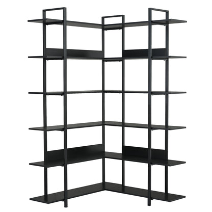 74.8 Inch Bookshelf L-shape MDF Boards Stainless Steel Frame Corner 6-tier Shelves Adjustable Foot Pads, Black