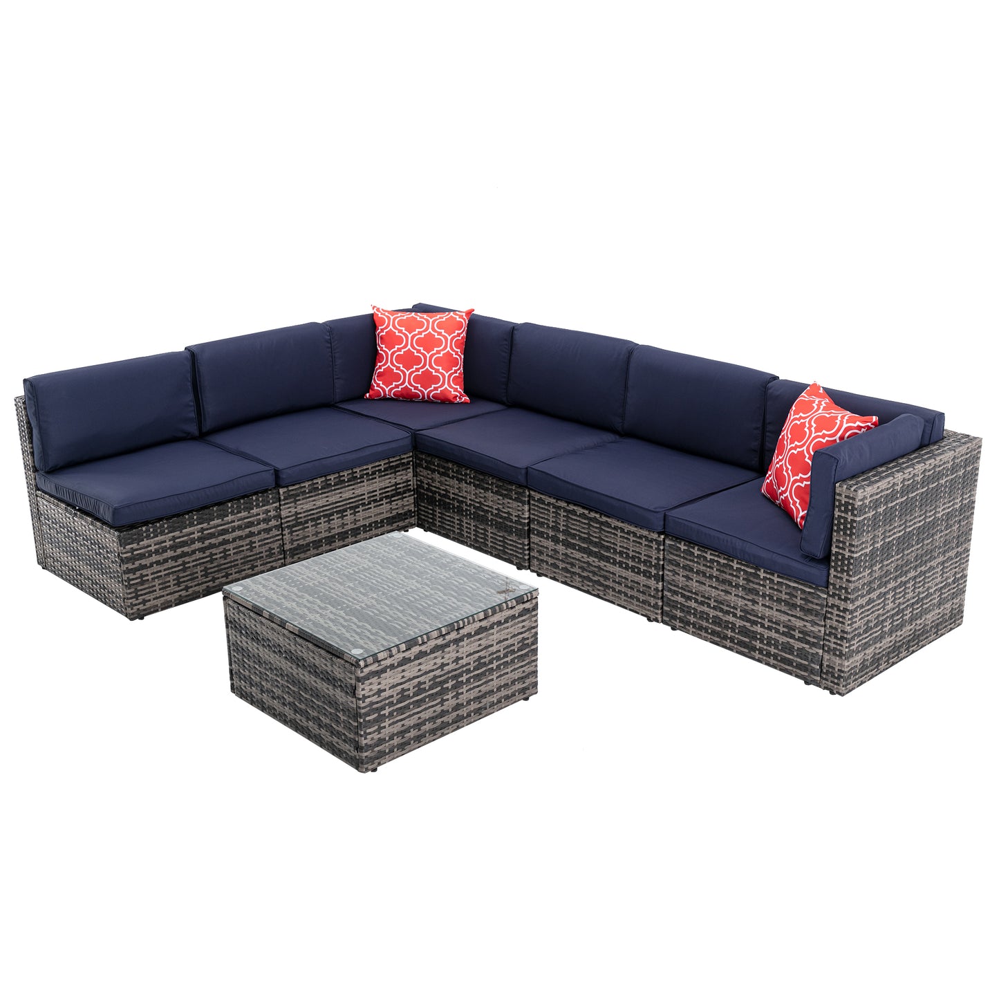 7Pcs Outdoor Garden Patio Furniture  PE Rattan Wicker  Sectional Cushioned Sofa Sets with 2 Pillows and Coffee Table