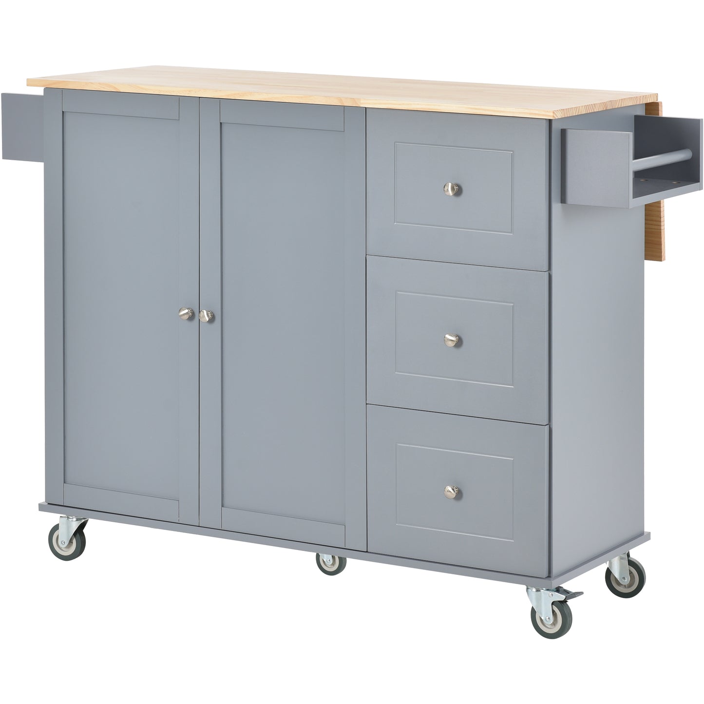 Rolling Mobile Kitchen Island with Solid Wood Top and Locking Wheels，52.7 Inch Width，Storage Cabinet and Drop Leaf Breakfast Bar，Spice Rack, Towel Rack & Drawer （Grey Blue）