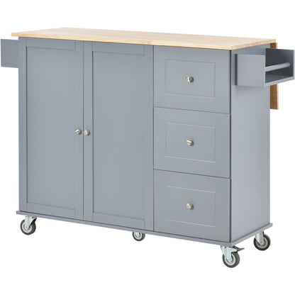 Rolling Mobile Kitchen Island with Solid Wood Top and Locking Wheels，52.7 Inch Width，Storage Cabinet and Drop Leaf Breakfast Bar，Spice Rack, Towel Rack & Drawer （Grey Blue）